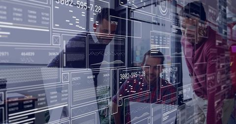 Innovative Team Collaborating with Futuristic Digital Displays in Office