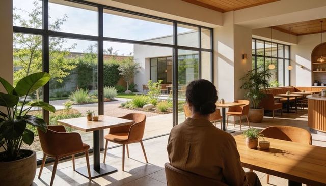 Woman sitting in sunlit minimalist cafe facing garden through floor-to-ceiling glass
