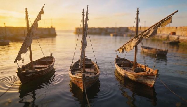 Three weathered wooden sailboats floating in golden harbor sunset with tattered sails