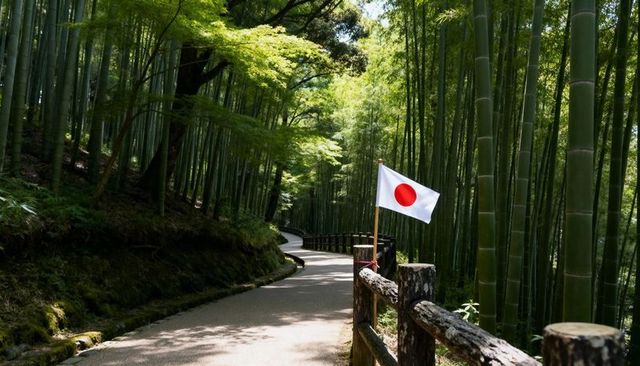 Winding bamboo forest path with japanese flag flapping and sunlit canopy