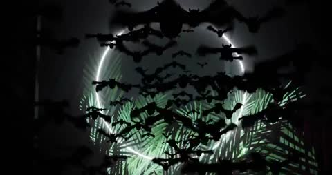 Swarm of Bats with Neon Ring and Palm Fronds