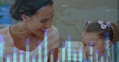 Smiling mother mentoring daughter at home study desk with data overlay