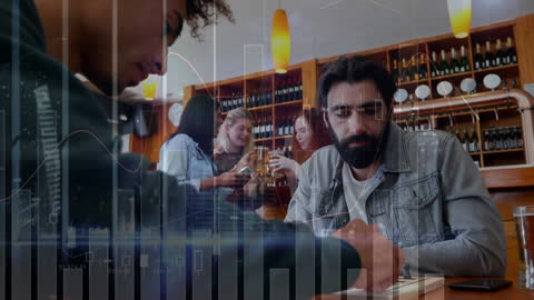 Friends in a Bar with Data Graphics Overlay