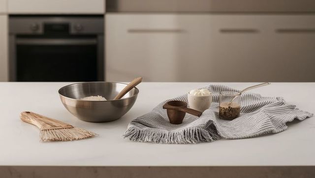 Mixing bowl holding flour with wooden spoon on minimalist neutral kitchen countertop