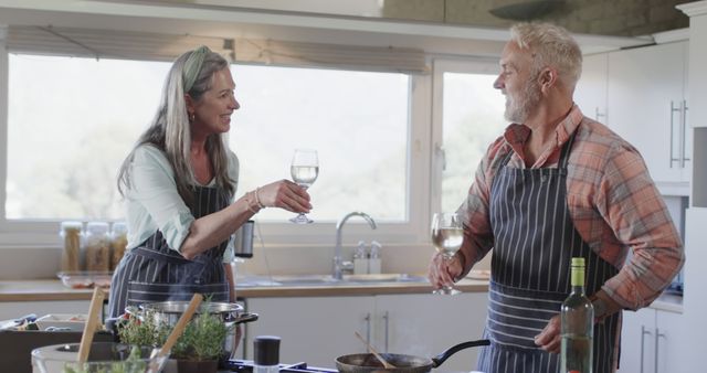 Senior Couple Cooking Together with Wine in Modern Kitchen - Download Free Stock Images Pikwizard.com