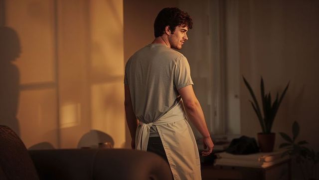 Young man in apron looking over shoulder in cozy sunlit living room