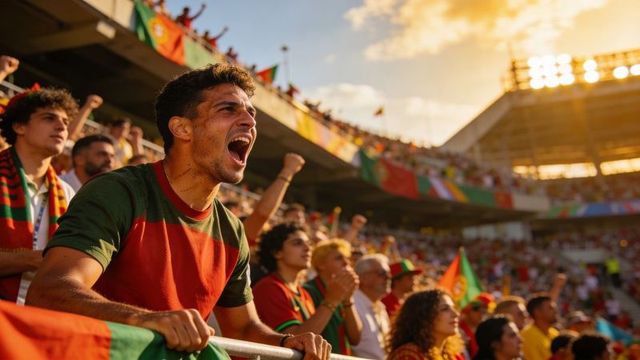 Passionate football fan cheering in red and green at sunlit stadium during intense match