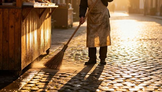 Market vendor sweeping cobblestone street at golden hour with rustic broom and stall