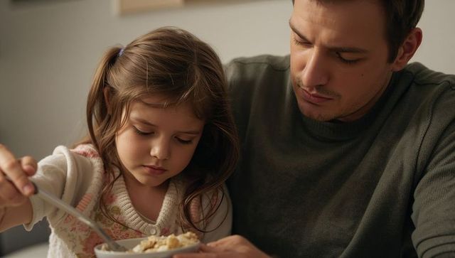 Father helping daughter scoop cereal at breakfast table, intimate family morning moment