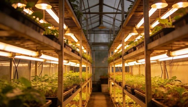 Warm-lit greenhouse aisle showing multi-tier seedling racks with fluorescent grow lights