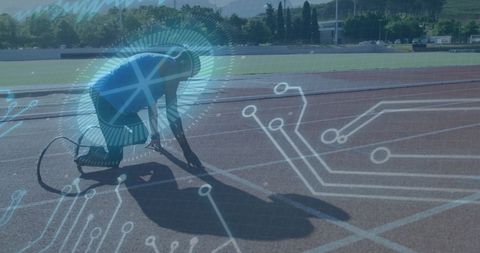 Athlete on track merged with futuristic circuit design
