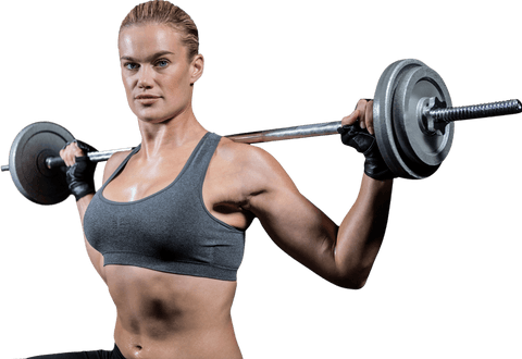 Strong transparent woman lifting heavy barbell exercising