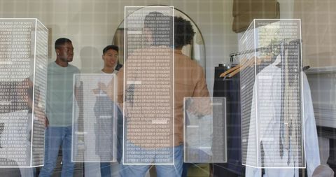 Augmented reality fitting room showing men adjusting jacket with virtual data panels