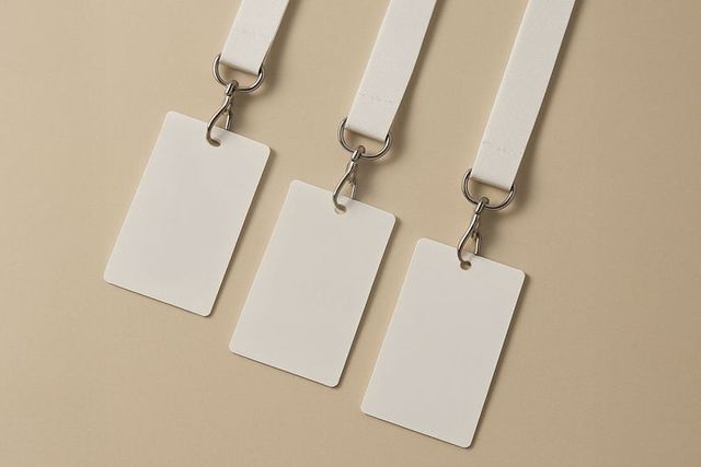 Three blank id badges with lanyards on beige surface