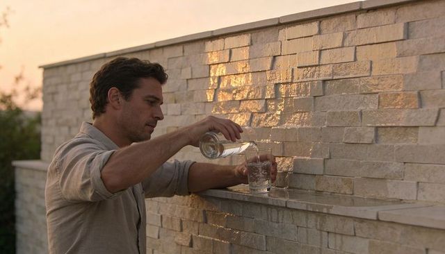 Man pouring water into glass on sunlit stone patio during golden hour