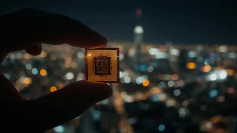 Holding Glowing Microchip Over Urban Night Skyline with Bokeh Tower Lights and Neon Glow