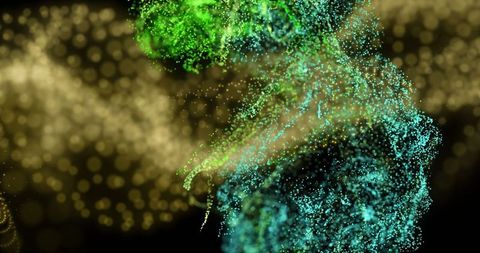 Abstract green and blue particle swirls on black background