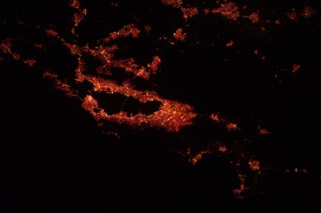 ISS030-E-015724 (25 Dec. 2011) --- This night time infrared image of Oakland/San Francisco/San Jose or California's "Bay Area" was photographed by an Expedition 30 crew member aboard the International Space Station on Dec. 25 (though it was late Dec. 24 in California). The focal length used was 58-mm and the exposure time was 1/100 seconds.