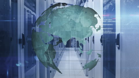 Futuristic Globe Animation in High-Tech Server Room