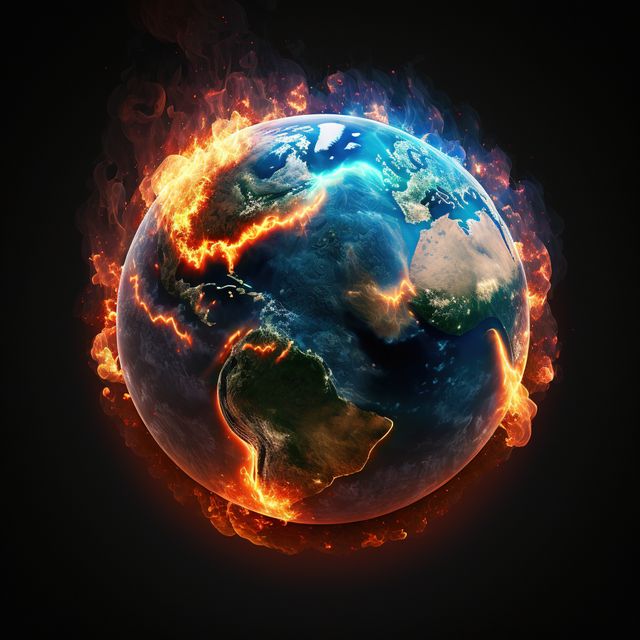 Image of planet Earth engulfed in flames with fiery cracks, depicting global warming and environmental crisis. Useful for highlighting issues related to global warming, climate change, and environmental disasters. Ideal for use in articles, blog posts, presentations on environmental issues, and educational materials.