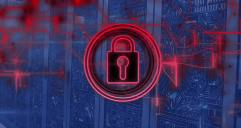 Cybersecurity Concept with Glowing Padlock and Servers