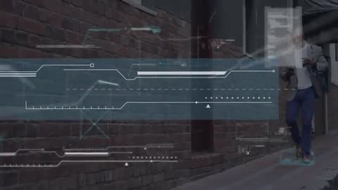 Businessman walking and checking smartphone while holding coffee with augmented HUD overlay