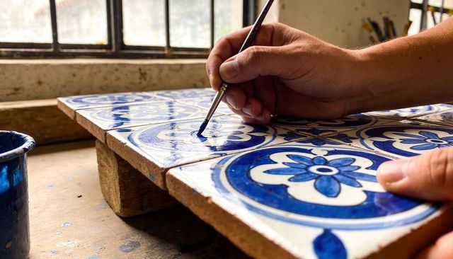 Hand-painting blue floral cobalt glazed tiles on studio bench artisan ceramic craft