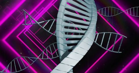 Neon dna double helix glowing in futuristic magenta frames for tech genetics and digital