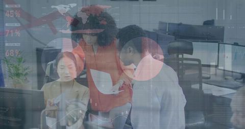 Multicultural team collaborating overlaid with financial data visualization in modern office