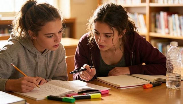 Two teenage students studying together in library, preparing for exam with notebooks