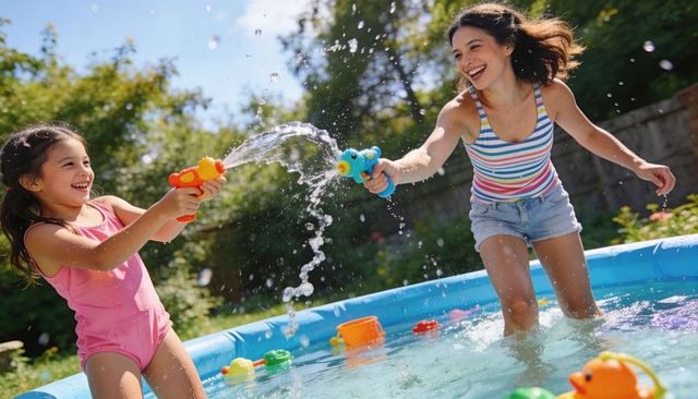Mother and daughter playing water gun fight in backyard pool on sunny summer day