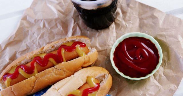 Hot dogs garnished with ketchup and mustard placed on crinkled brown paper. Accompanied by a small bowl of ketchup and a soda in a plastic cup. Perfect for use in food blogs, fast food promotional materials, cookbooks, or social media posts highlighting casual dining or street food.