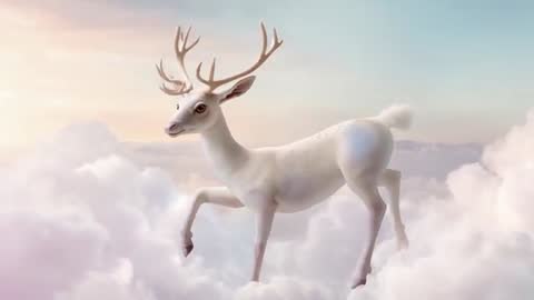 White stag prancing on cloud platform under pastel sunrise sky, ethereal fantasy wildlife