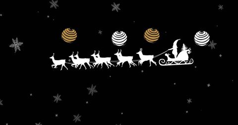 Santa Claus Sleigh Riding with Reindeer Silhouettes on Black