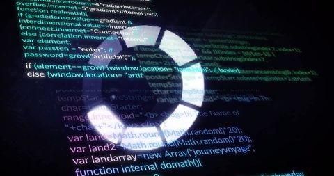 Loading spinner with javascript code background illuminating screen