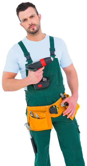 Transparent Male Construction Worker Holding Power Drill in Tool Belt Ready for Work - Download Free Stock Videos Pikwizard.com