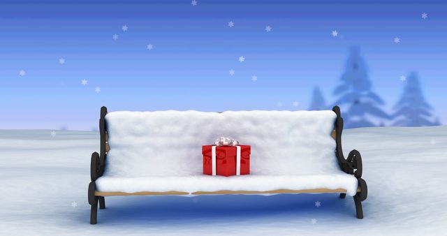 A beautifully wrapped Christmas gift rests on a bench covered with snow, set against a tranquil winter landscape with falling snowflakes. This cozy and festive scene is perfect for holiday greetings, winter celebration promotions, or seasonal postcards. It captures the magic and wonder often associated with the Christmas season.