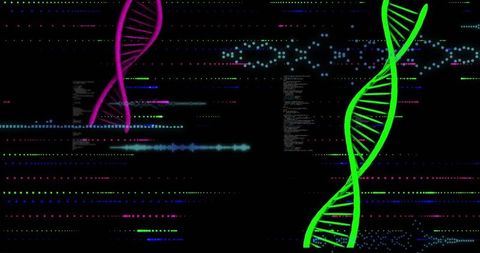 Floating DNA Helices Surrounded by Digital Code Synching Science and Technology