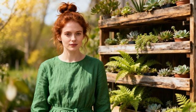 Redhead woman tending succulents on rustic wooden shelving in sunlit garden cozy portrait