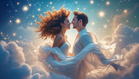 Ethereal cute couple embracing among glowing stars and clouds