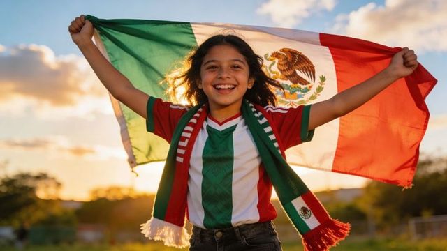 Young girl celebrating mexico with tricolor flag and soccer scarf at golden hour