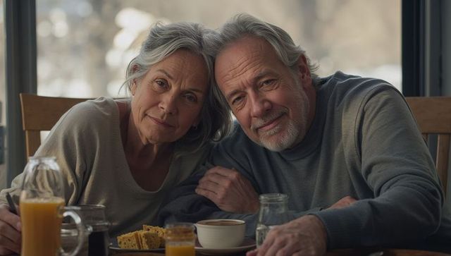 Senior couple sharing cozy morning breakfast by window, gentle companionship and warmth