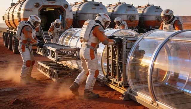 Astronauts assembling transparent habitat tunnel modules on red planet surface mission