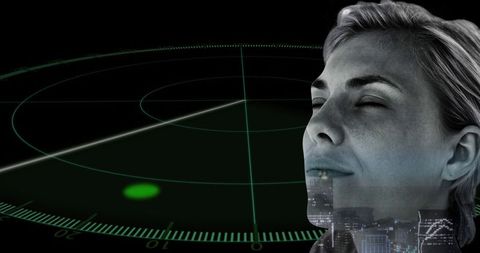 Futuristic Woman Blending with Radar and Cityscape Innovation