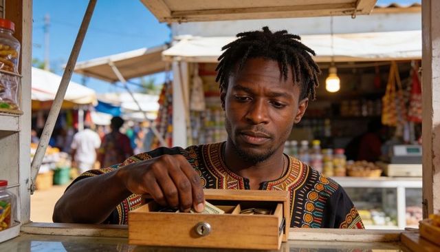 Counting cash at open-air market stall, vendor reaching into wooden cash drawer