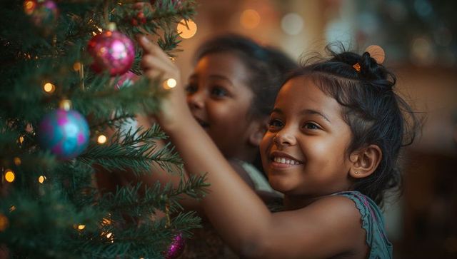 Excited Sisters Decorating Christmas Tree with Colorful Ornaments