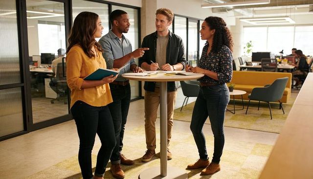 Young professionals brainstorming around standing table in modern open office