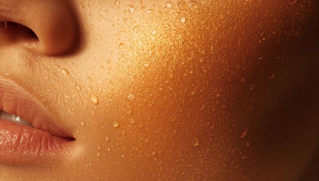 Golden dewy skin closeup showing moisturized cheek with water droplets and glossy lips