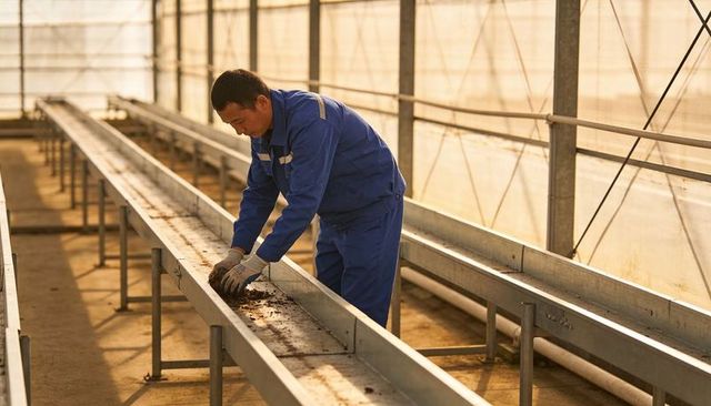 Greenhouse technician preparing potting soil on raised metal benches in sunlit glasshouse