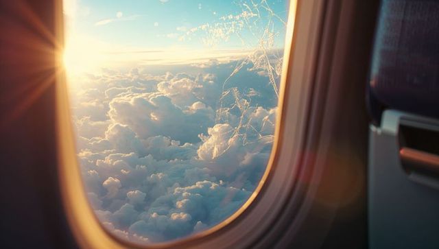 Sunset illuminating airplane now facing cloudscape from a window with scratches
